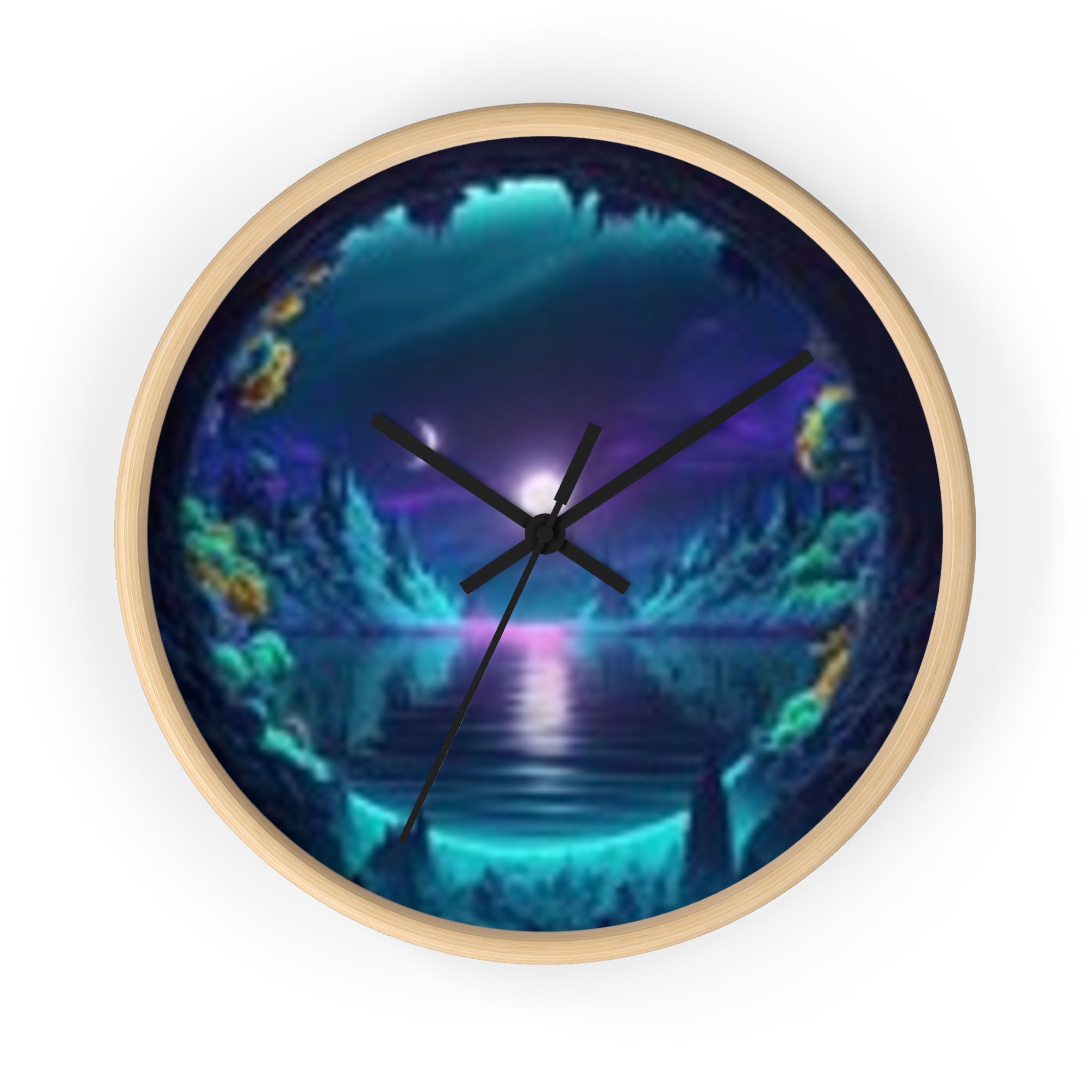 Mystic Cavern Wall Clock — Neon Moonlit Lake Art
