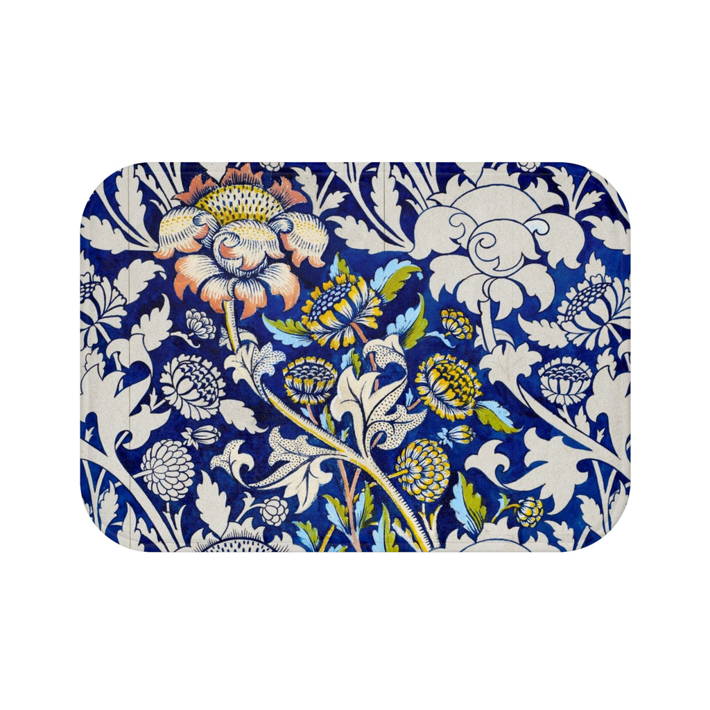Blue Floral William Morris–Style Bath Mat — Vintage Botanical Bathroom Rug