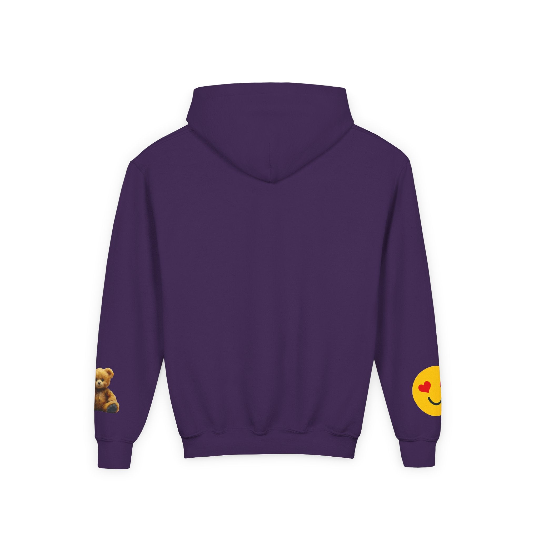Youth Hoodie with Teddy Bear & Heart-Eyes Emoji Sleeve Accents