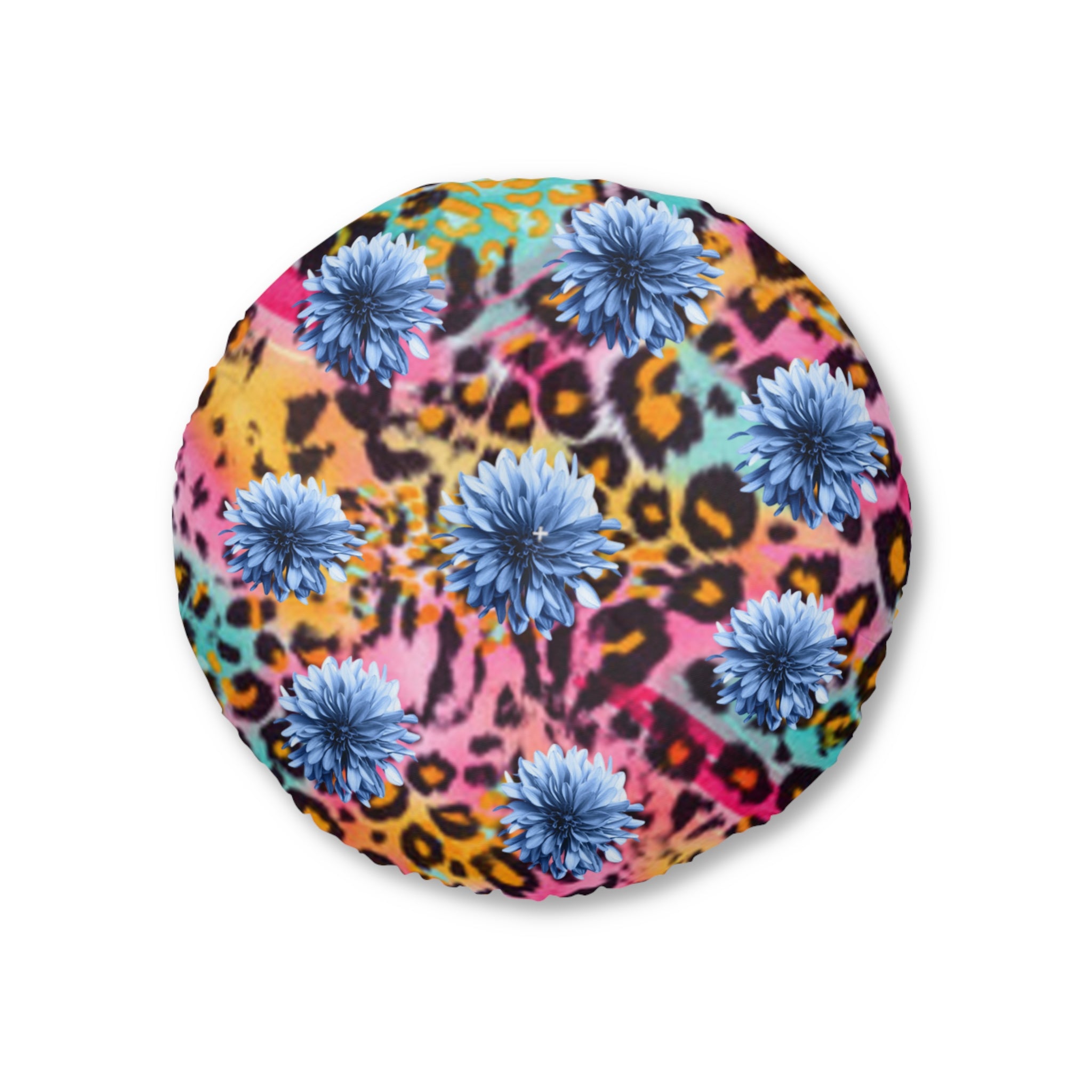 Boho Floral Round Floor Pillow — Vibrant Leopard & Blue Chrysanthemum Tufted Cushion