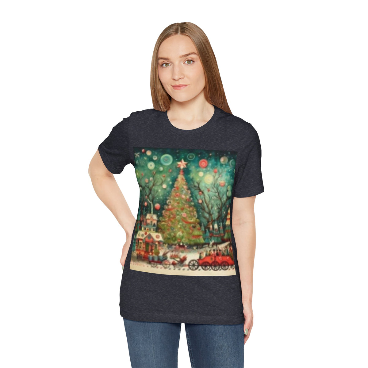 Vintage Christmas Tree Tee — Holiday Village Scenic T‑Shirt