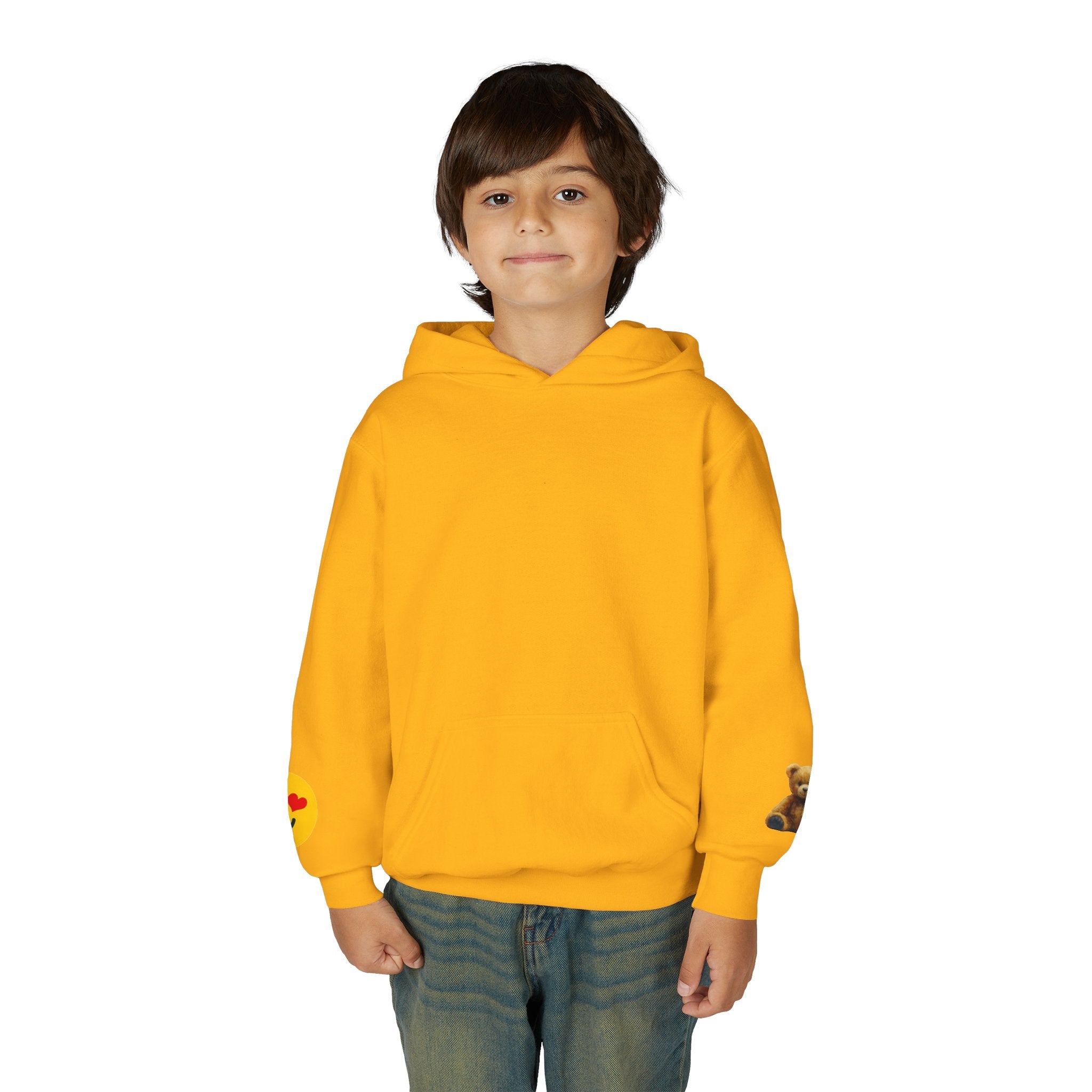 Youth Hoodie with Teddy Bear & Heart-Eyes Emoji Sleeve Accents