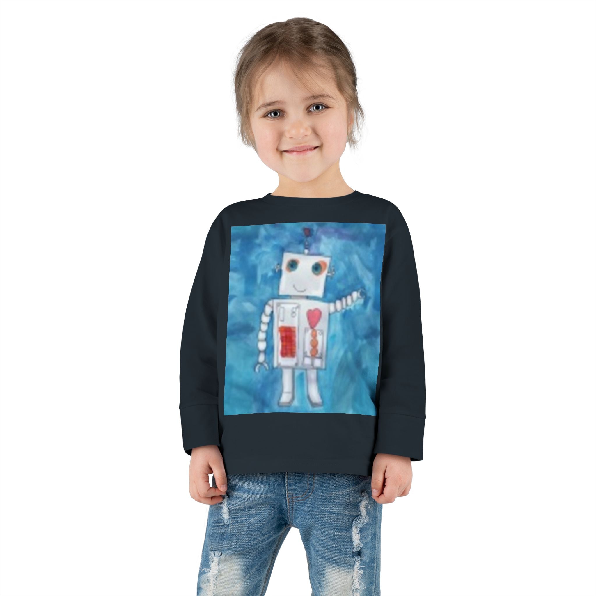 Toddler Long Sleeve Tee — Playful Robot & Colorful Sunrise Graphic Shirt