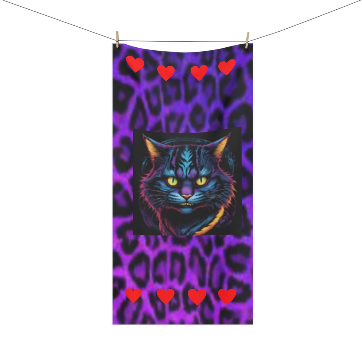 Neon Tiger Cat Beach Towel – Purple Leopard Print with Red Hearts