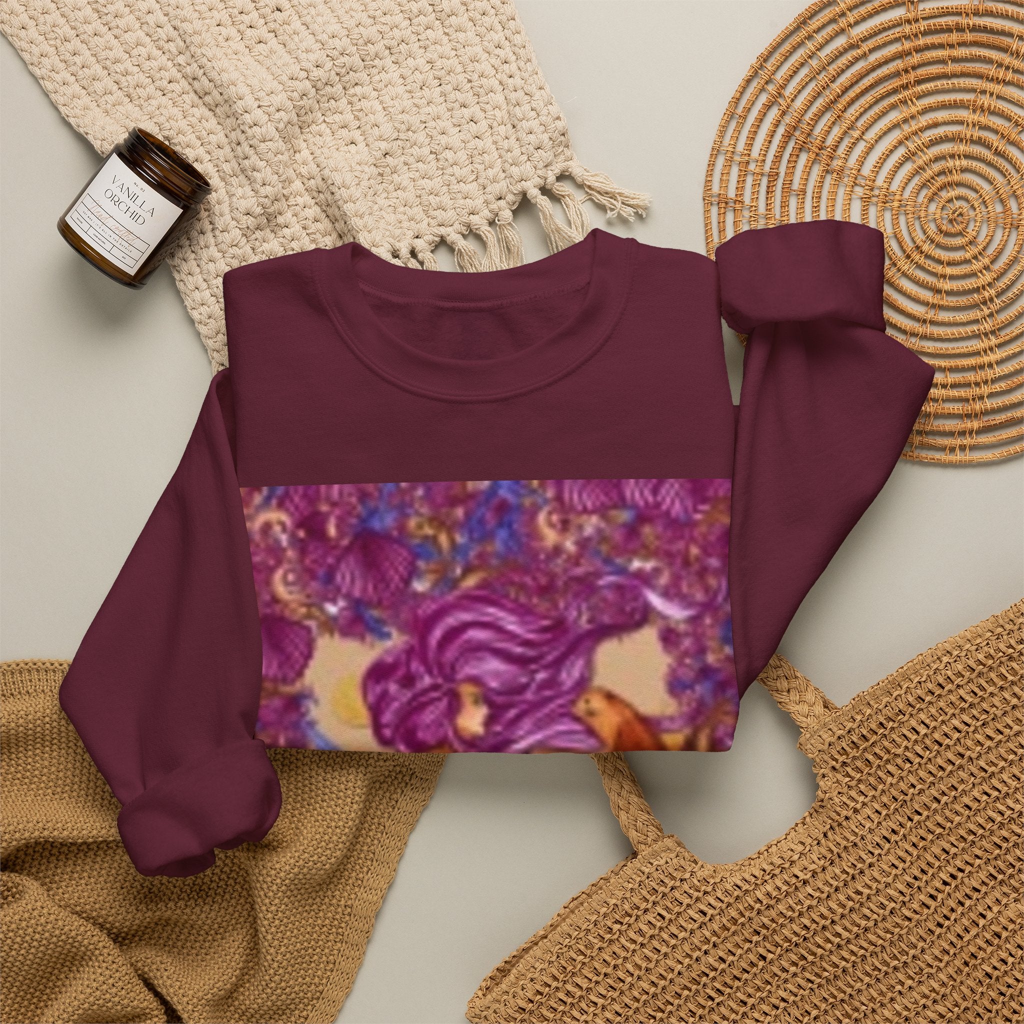 Mermaid & Fox Art Crewneck Sweatshirt — Whimsical Purple Mermaid Illustration