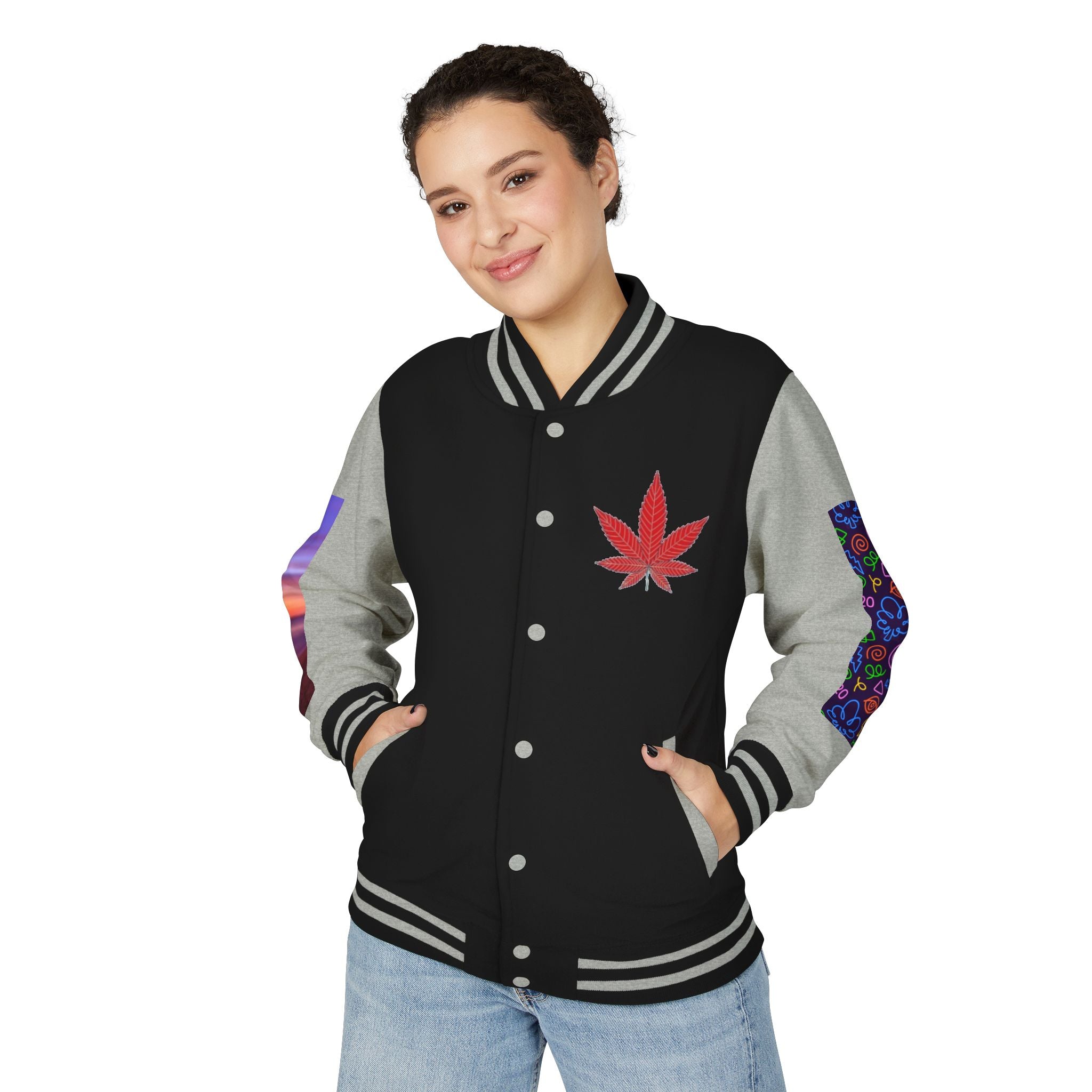 Letterman Jacket — Retro 'All You Need Is Love' Hippie Van & Cannabis Leaf Design