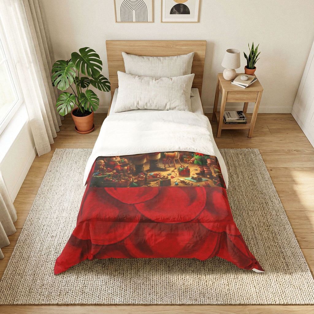 Christmas Santa Scene Comforter — Festive Holiday Cotton Throw for Kids & Family