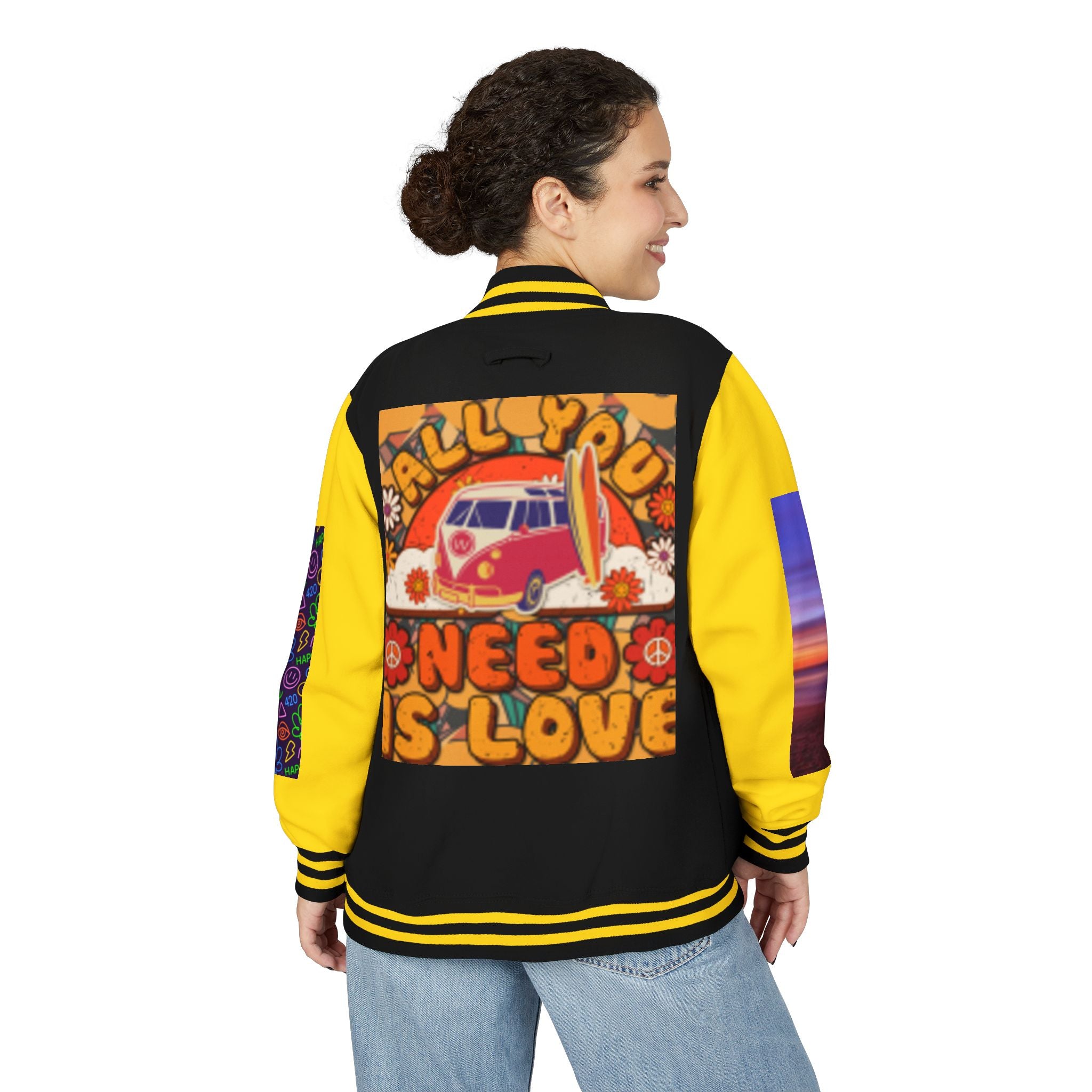 Letterman Jacket — Retro 'All You Need Is Love' Hippie Van & Cannabis Leaf Design