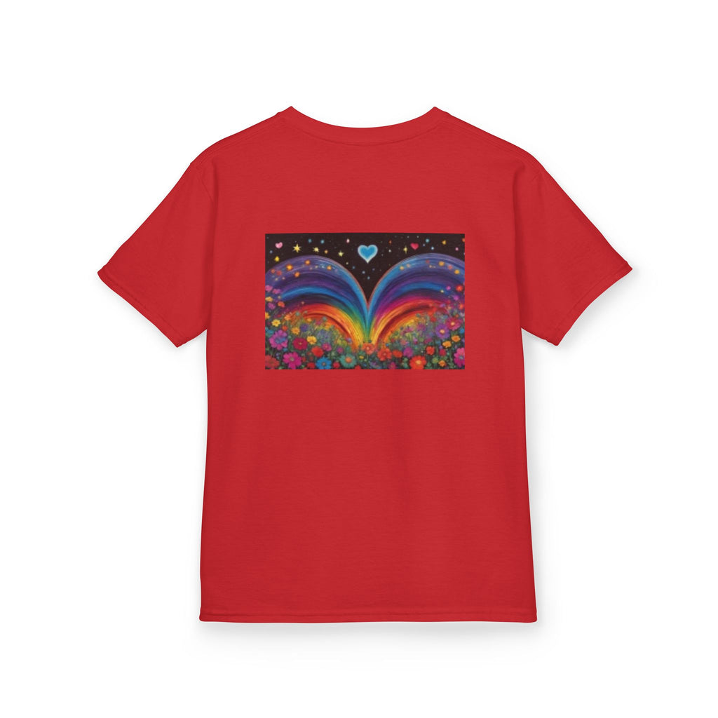 Kids T-shirt— Cute Tiger Cub Photo Front & Rainbow Heart Back Graphic