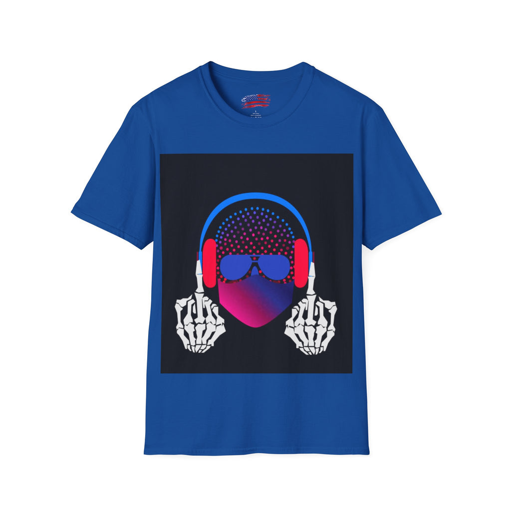 Unisex Softstyle T-Shirt Man wearing earphones skeleton shooting the bird