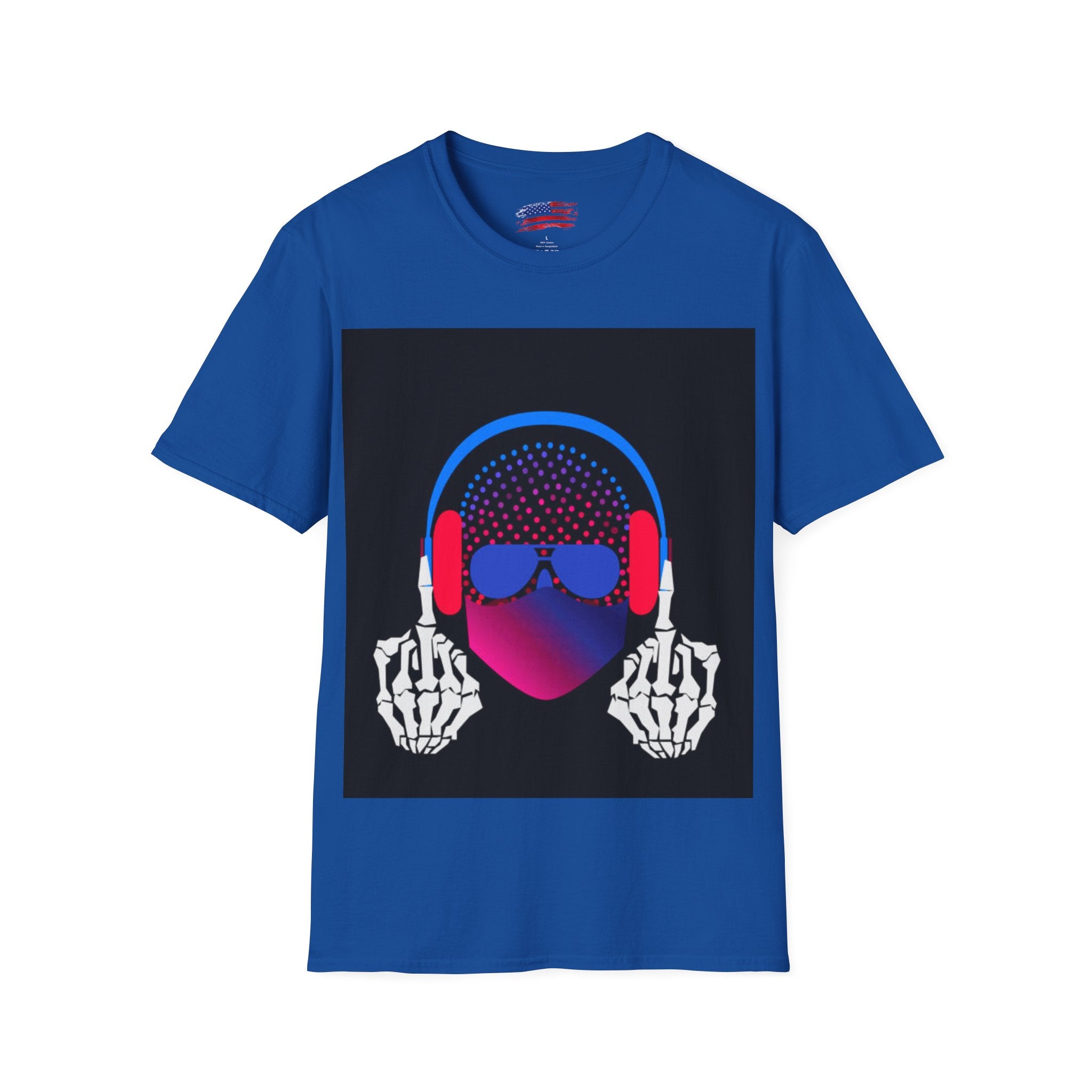 Unisex Softstyle T-Shirt Man wearing earphones skeleton shooting the bird