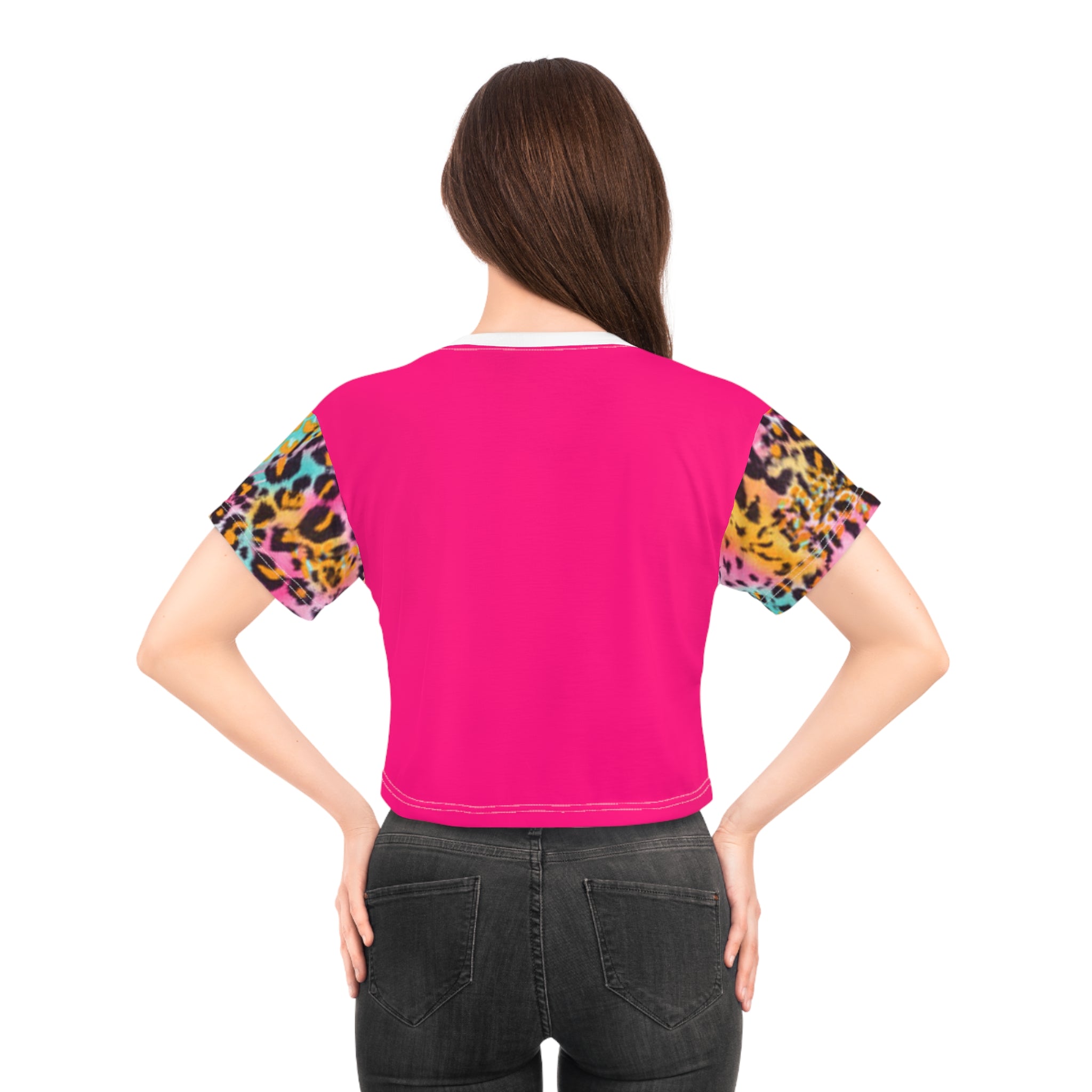 Colorful Boho Crop Tee — Vibrant Abstract Animal & Leopard Print AOP