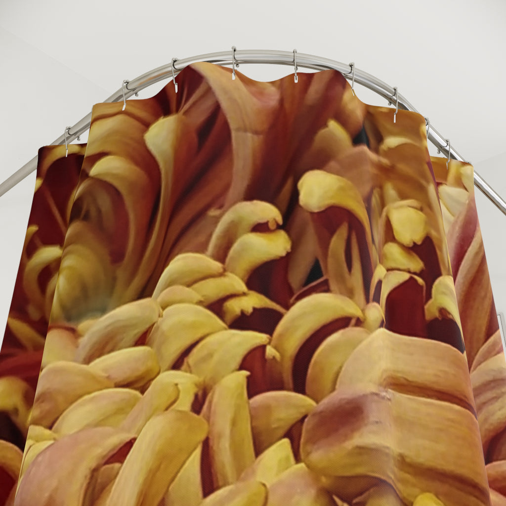 Autumn Chrysanthemum Shower Curtain — Warm Golden Floral Bathroom Decor