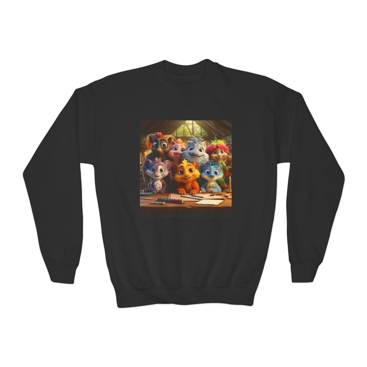 Youth Crewneck Sweatshirt — Colorful Cartoon Kittens Group Graphic