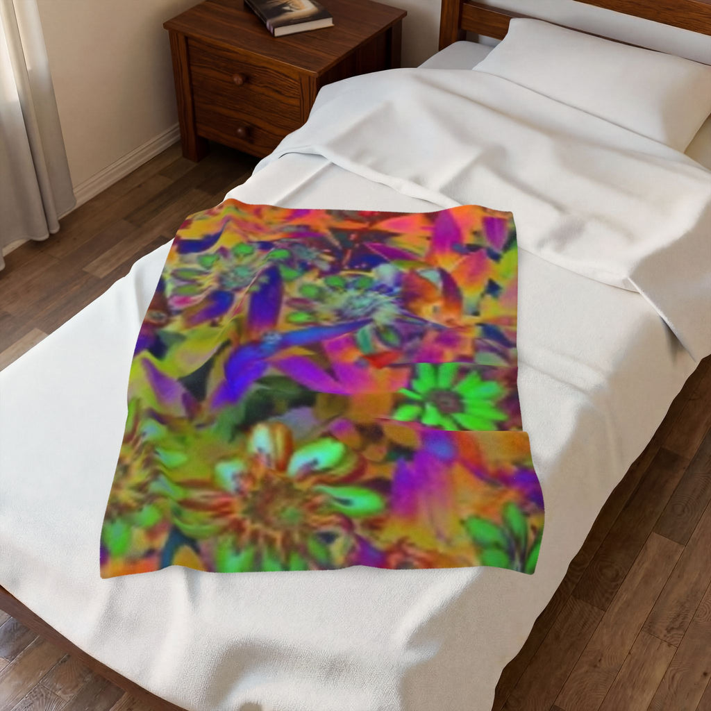 Psychedelic Floral Velveteen Plush Blanket — Vibrant Rainbow Flowers Throw for Cozy Boho Living, Gift for Her