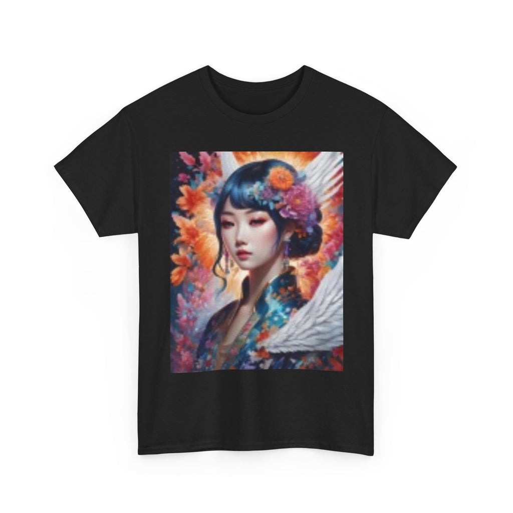 Artistic Geisha Portrait T-Shirt — Floral Angel Wing Graphic Tee