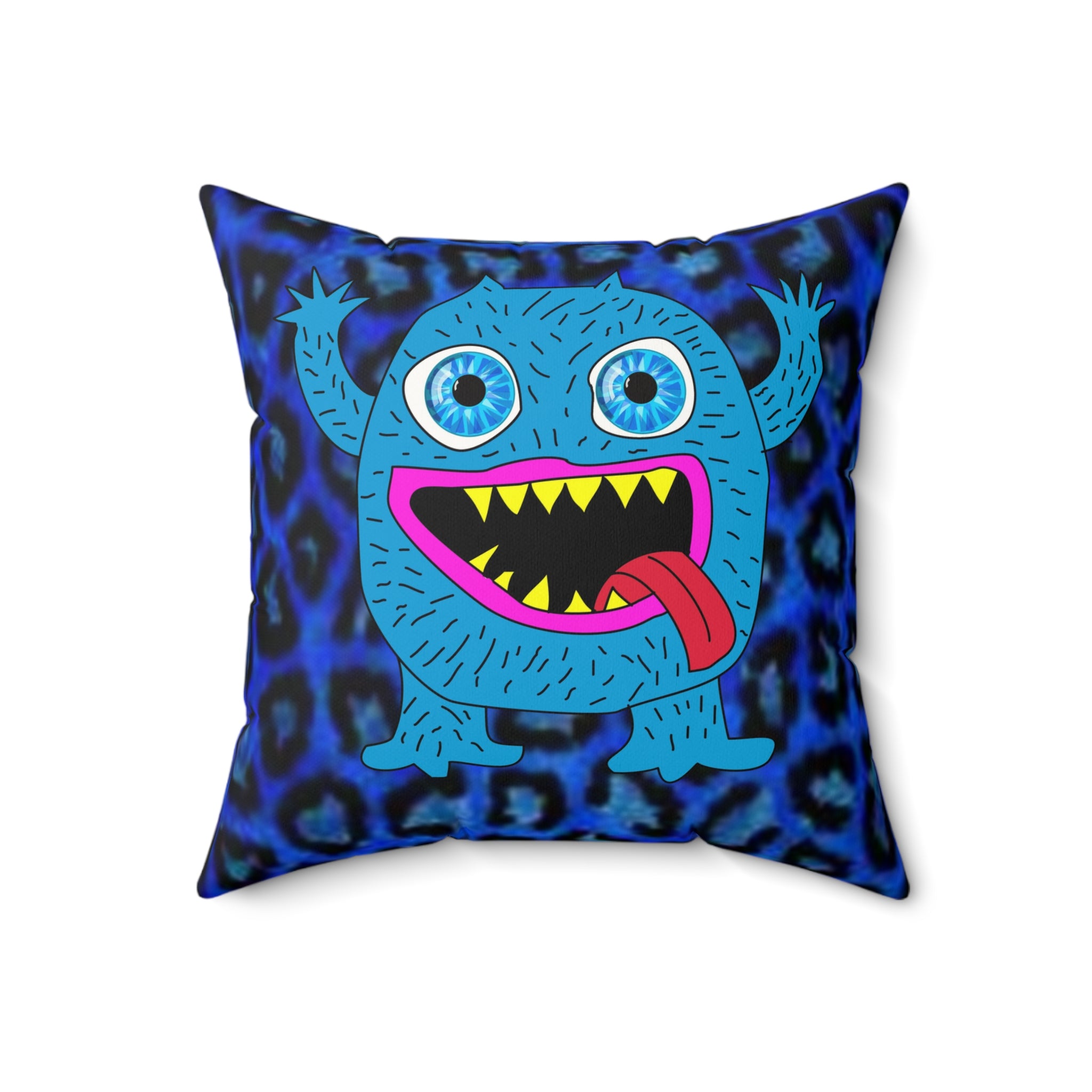 Blue Cartoon Monster Throw Pillow — Cute Fuzzy Monster Decorative Pillow