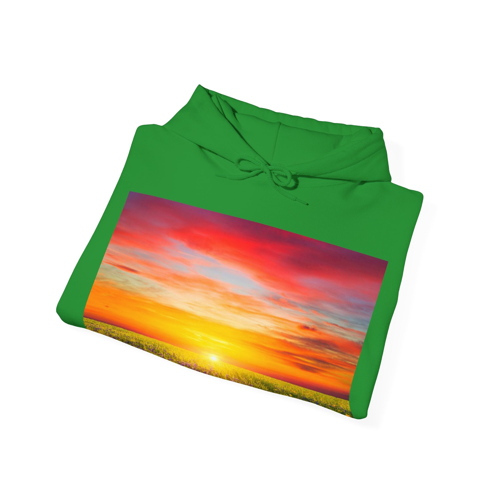 Sunrise Meadow & Horse Graphic Hoodie — Scenic Sunset Landscape and Saddled Horse Print