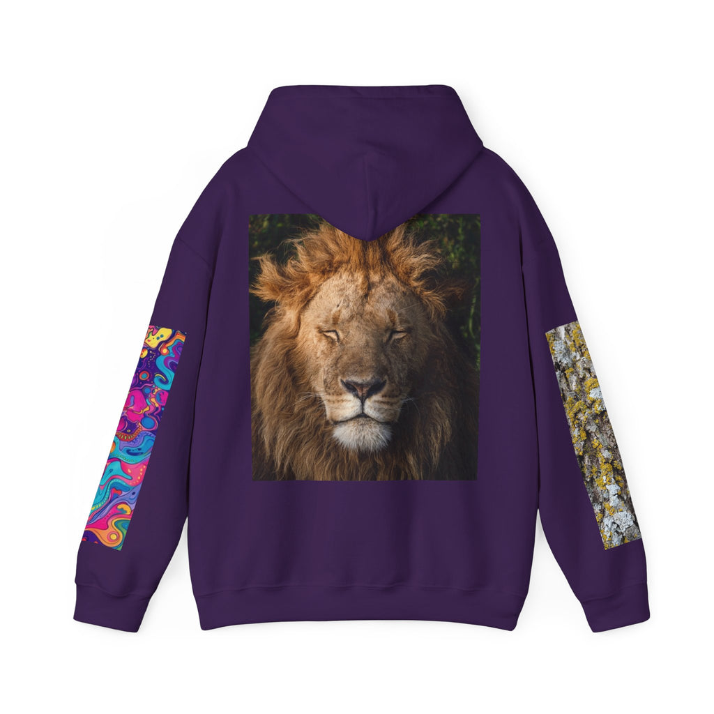 Lion Portrait Hoodie with Colorful Sleeve Accent — Majestic Wildlife Pullover