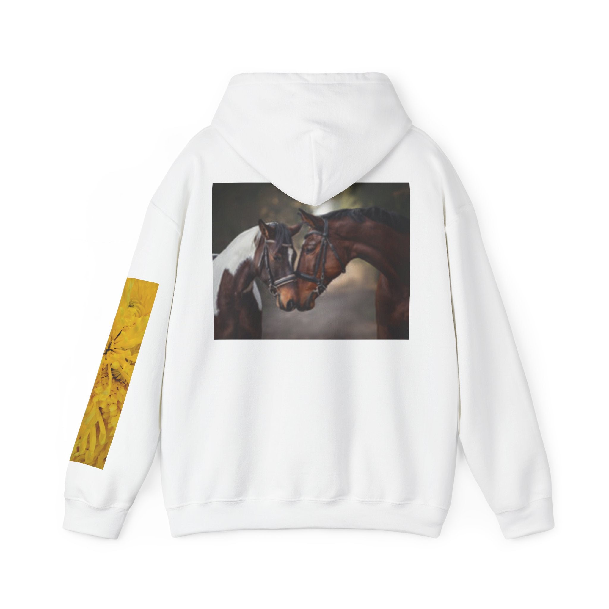 Sunrise Meadow & Horse Graphic Hoodie — Scenic Sunset Landscape and Saddled Horse Print
