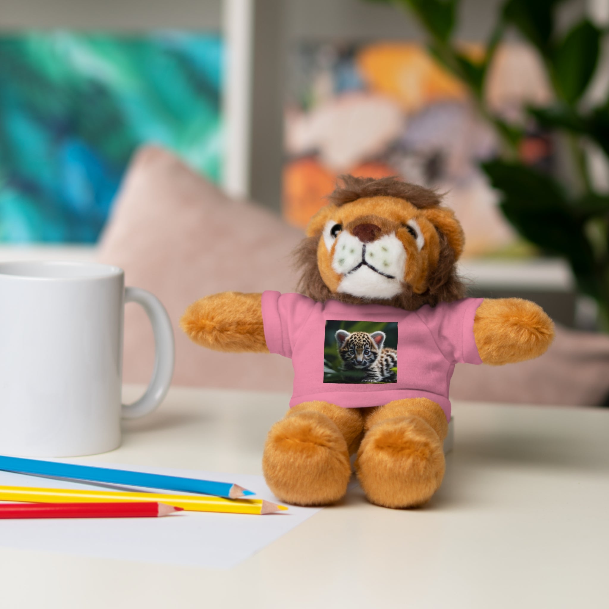 Plush Teddy Bear with Leopard Cub Tee — Cute Animal Gift for Kids & Wildlife Lovers