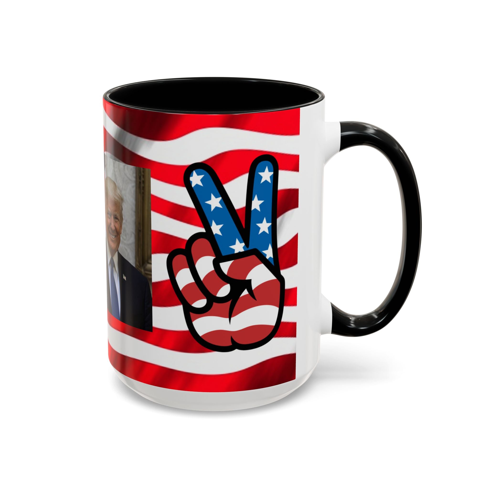 Patriotic President TRUMP Coffee Mug — American Flag Peace Sign & Smile