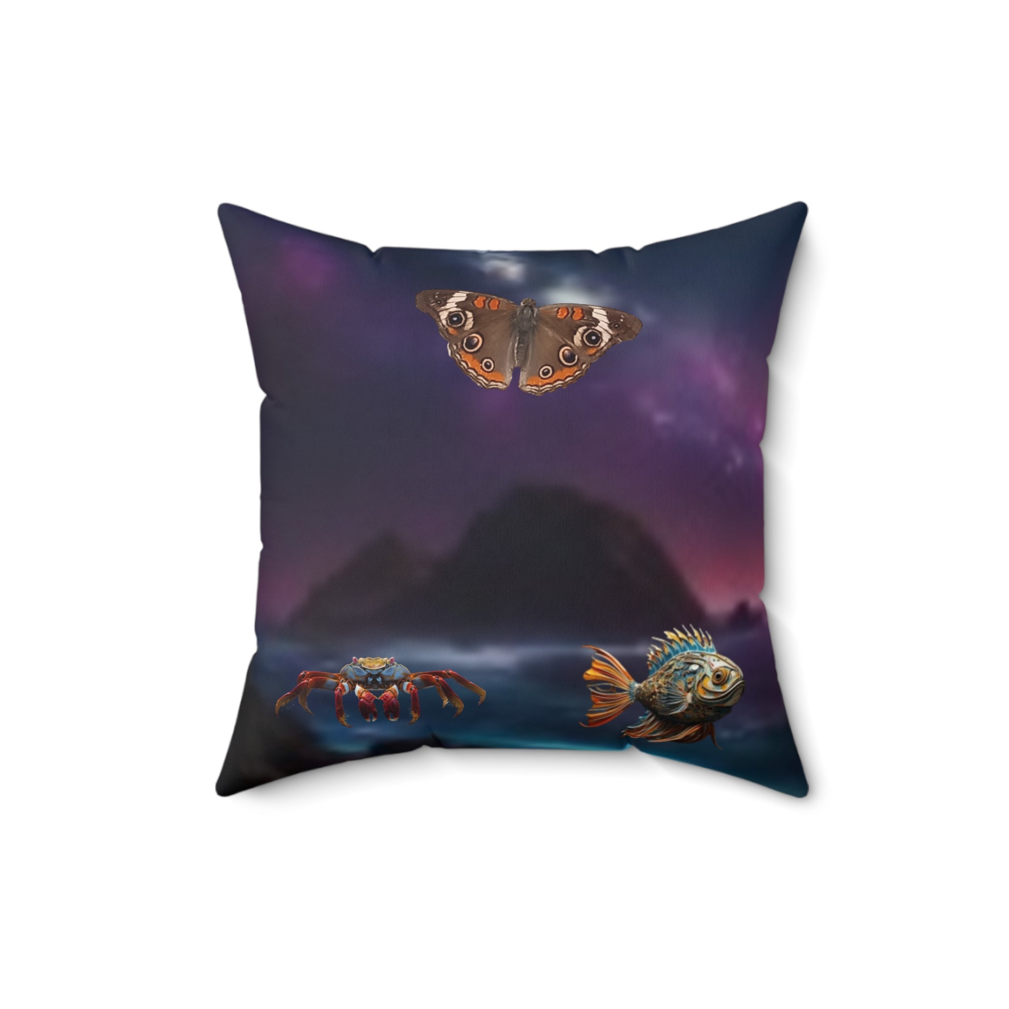 Square Pillow — Surreal Moonlit Beach Design (Butterfly, Fish & Palm)
