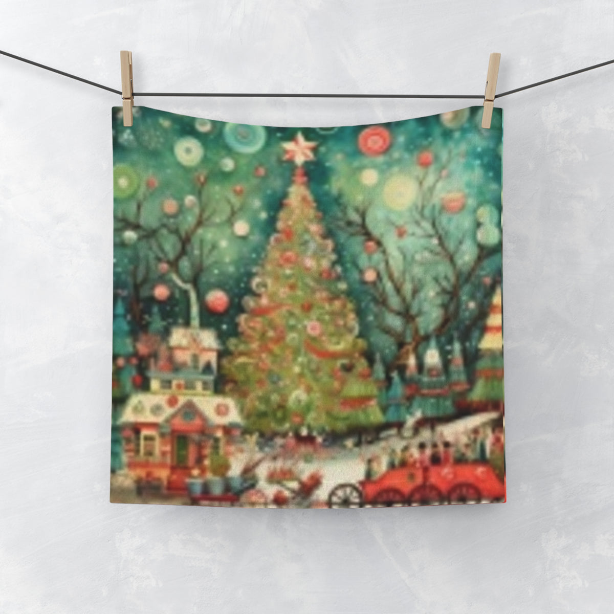 Christmas Tree Village Face Towel — Festive Holiday Hand Towel