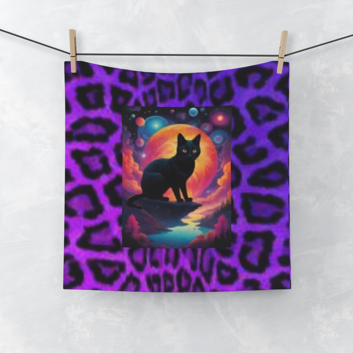 Mystic Black Cat Face Towel — Purple Leopard Moonlight Design