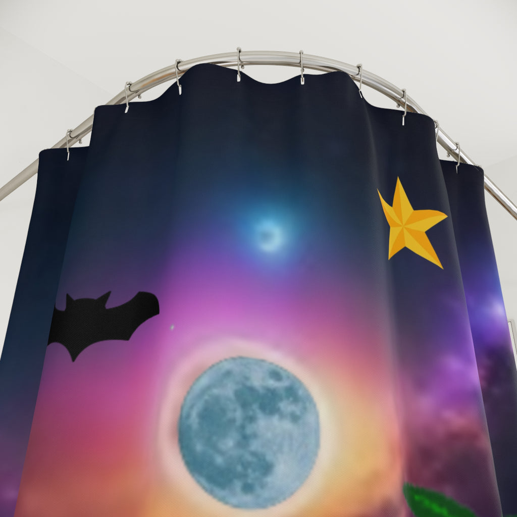 Tropical Night Sky Shower Curtain — Moonlit Ocean, Palm Tree & Stars Bathroom Decor