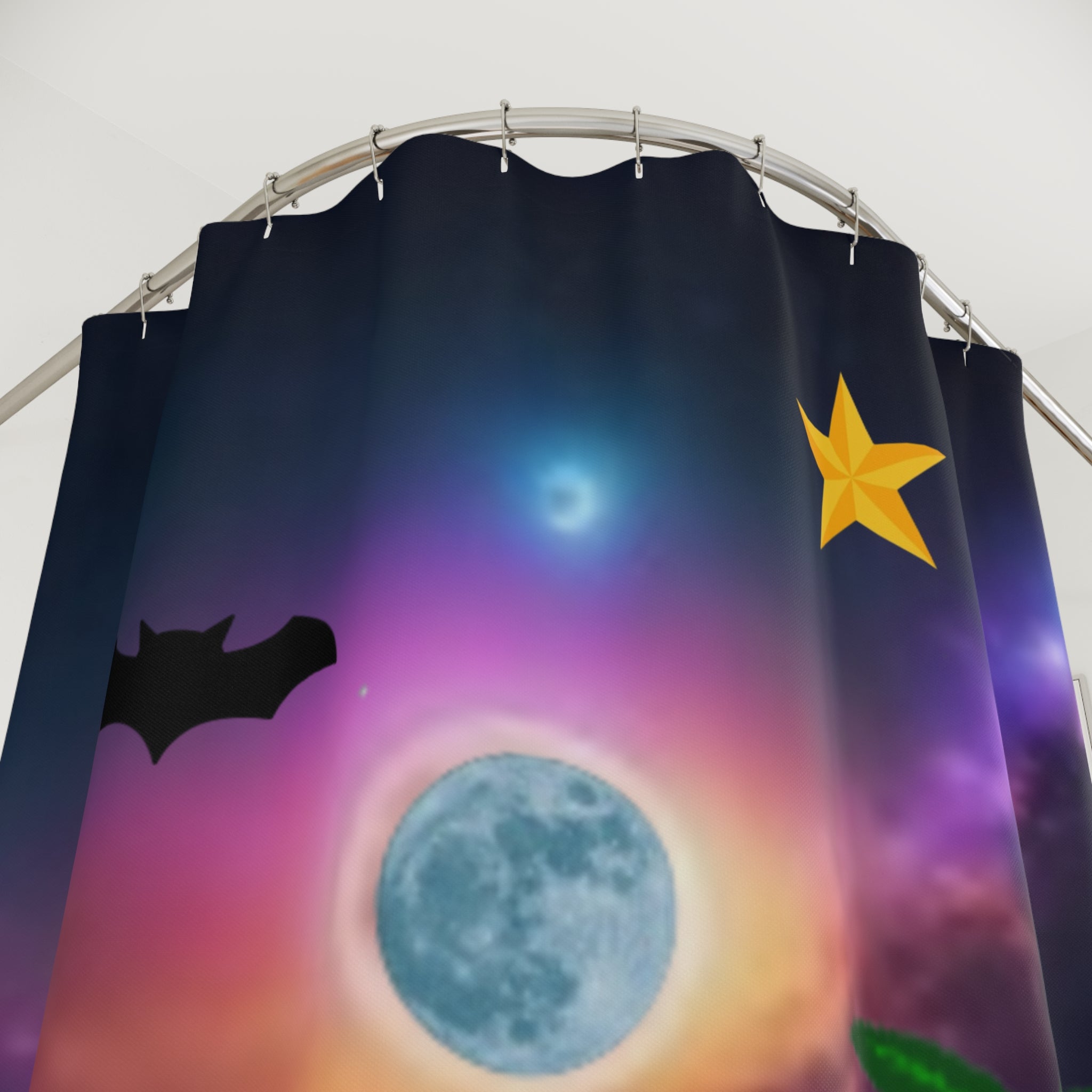 Tropical Night Sky Shower Curtain — Moonlit Ocean, Palm Tree & Stars Bathroom Decor