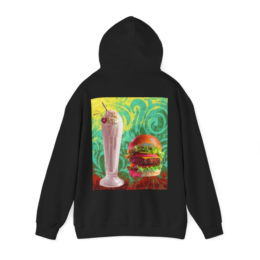 Burger & Strawberry Milkshake Hoodie — Retro Diner Food Graphic Hoodie