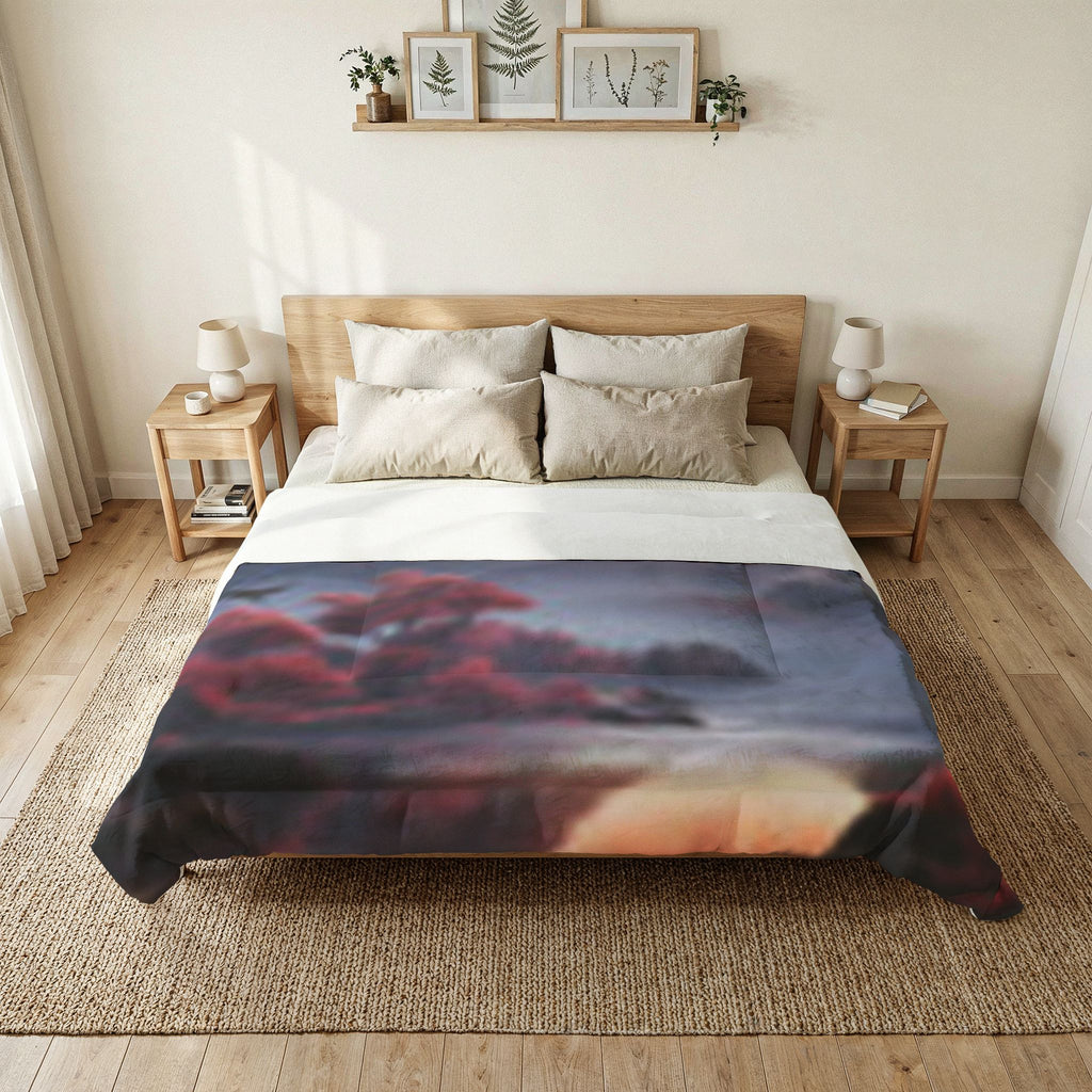 Moonlit Cherry Blossom Comforter – Japanese Nightscape Cotton Bedspread