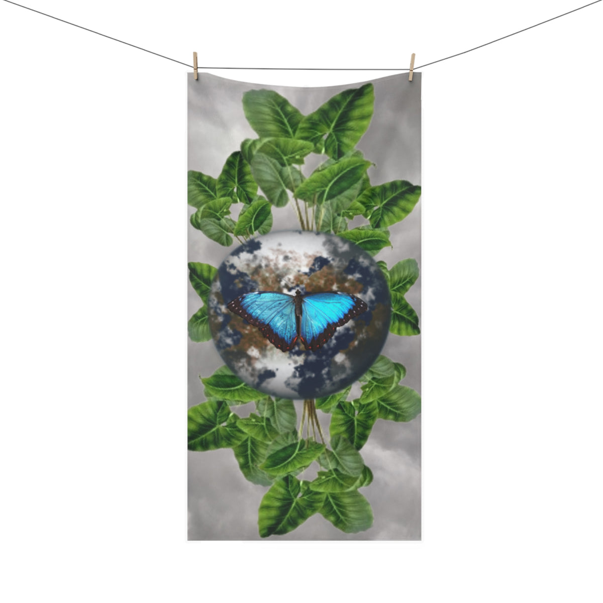 Butterfly Earth Beach Towel & Facts — Blue Morph with Tropical Leaves