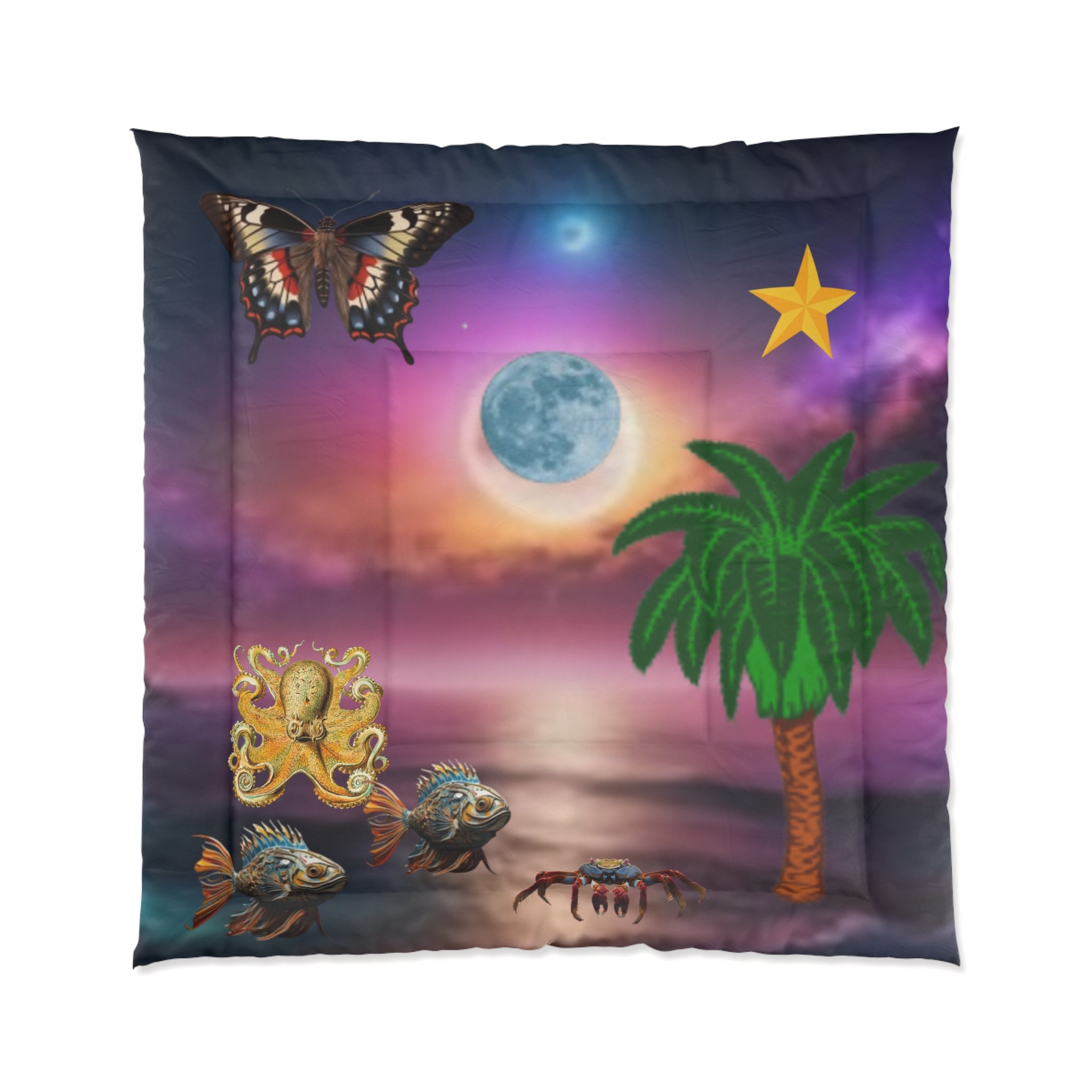 Tropical Moonlit Comforter - Surreal Beach Scene with Palm, Moon & Sea Creatures