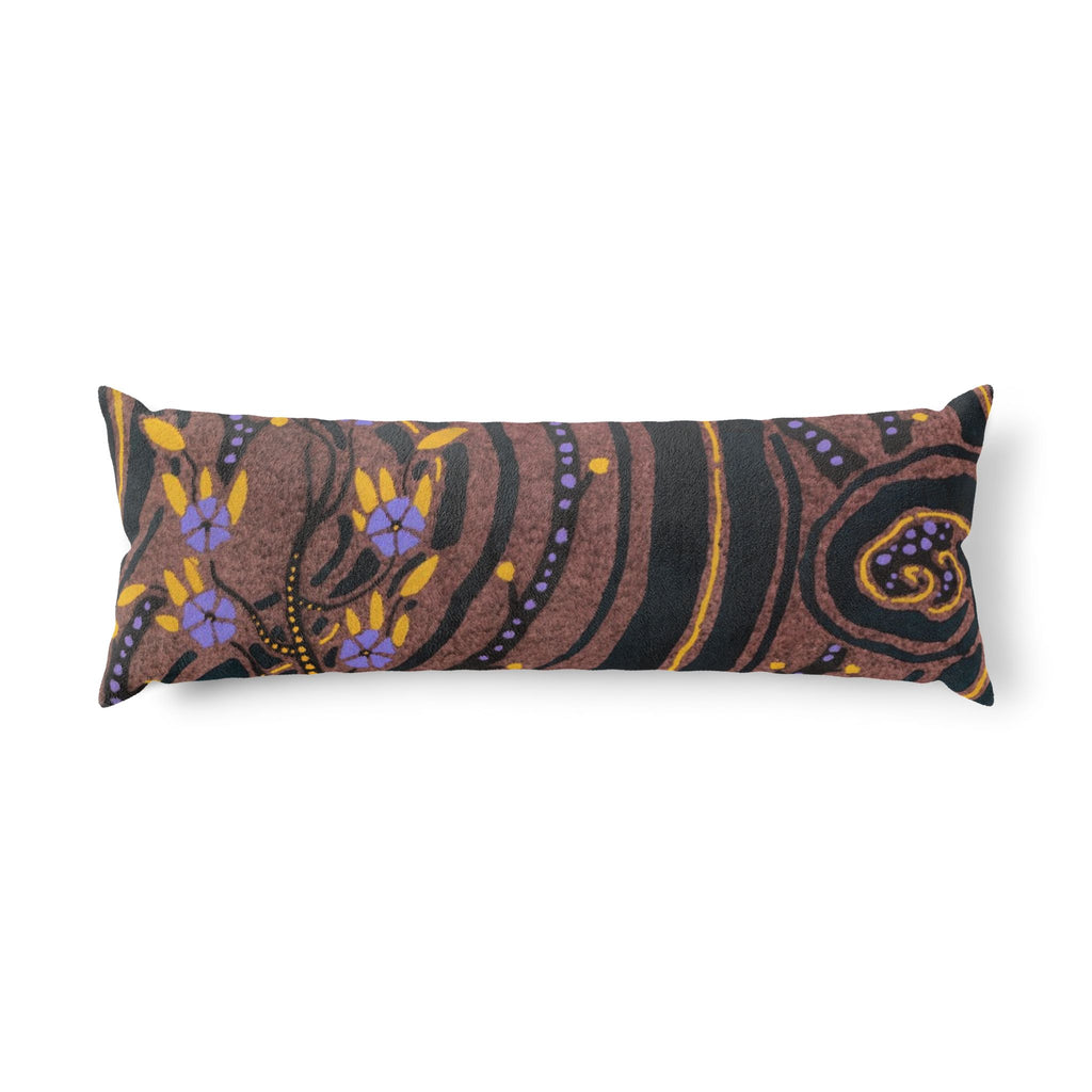 Boho Floral Body Pillow — Earthy Swirl Pattern with Purple Flowers