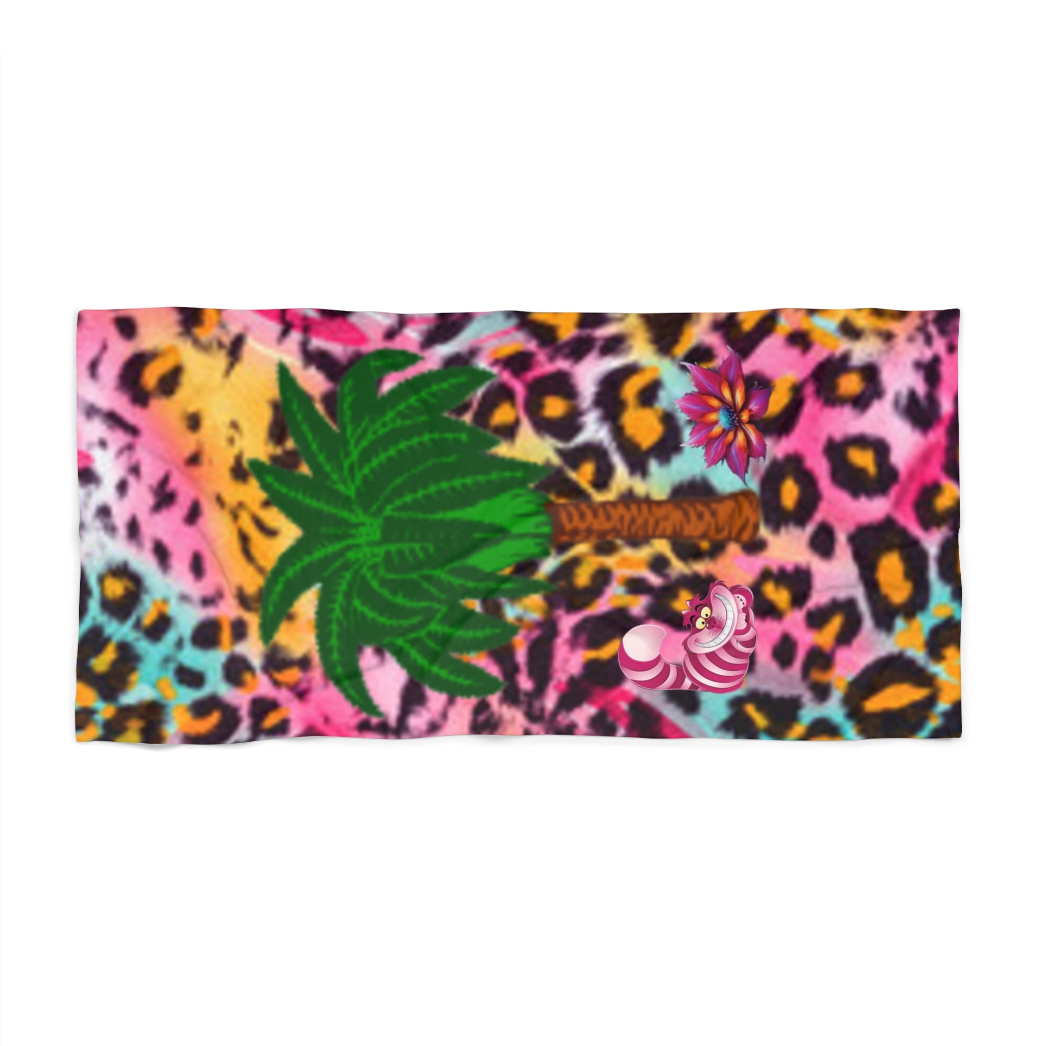 Tropical Chesrtire Cat Flower Leopard Beach Towel — Bright Palm & Hibiscus Print