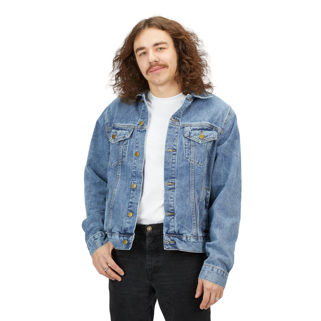 Mary Jordan Denim Jacket with Leopard Print Back Patch — Bold Safari Graphic Men’s Jacket