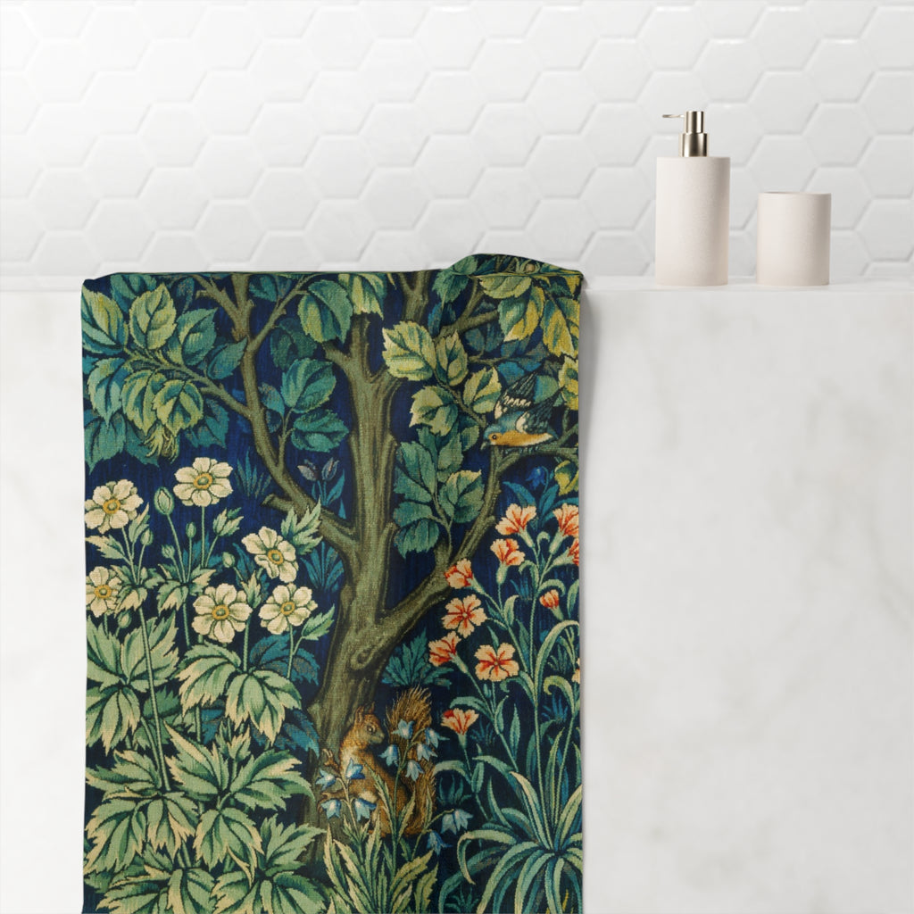 Vintage Botanical Beach & Bath Cotton Towel — Pheasant & Floral Garden Print