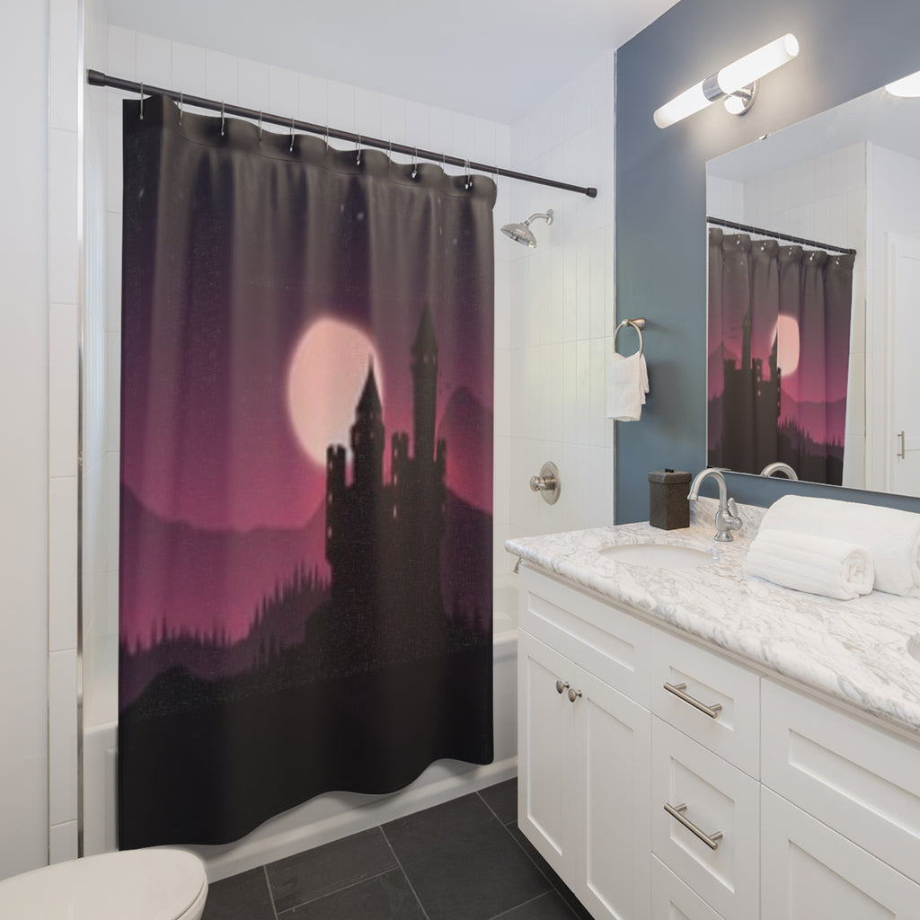 Gothic Castle Moon Shower Curtain — Moody Dark Fantasy Bathroom Decor
