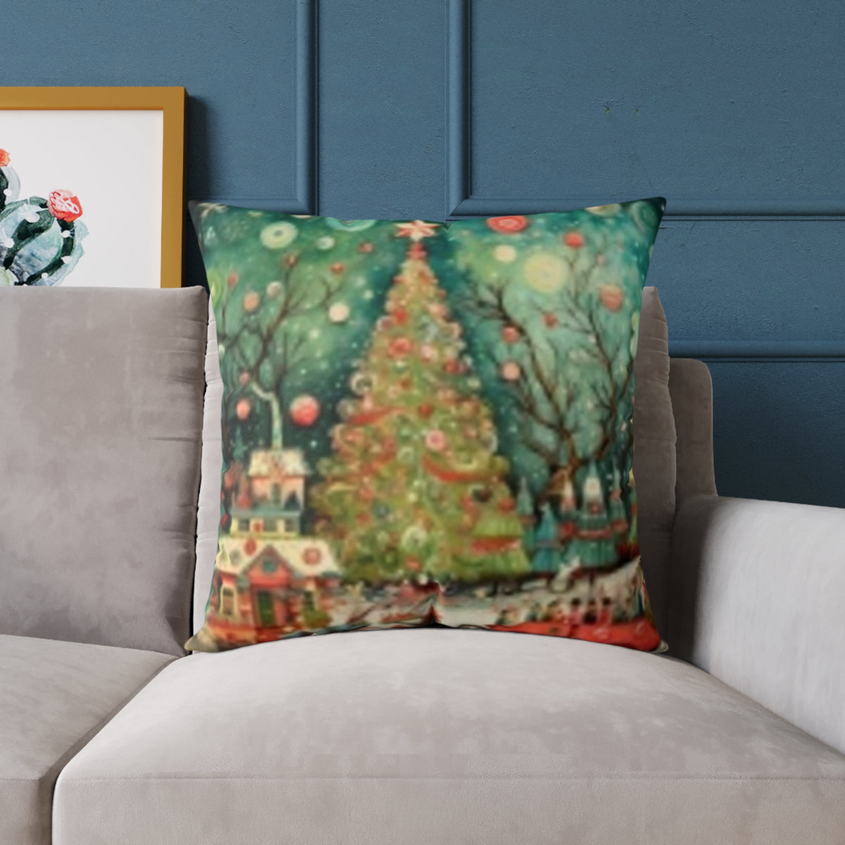 Christmas Tree Village Square Pillow — Festive Holiday Throw with Colorful Stars