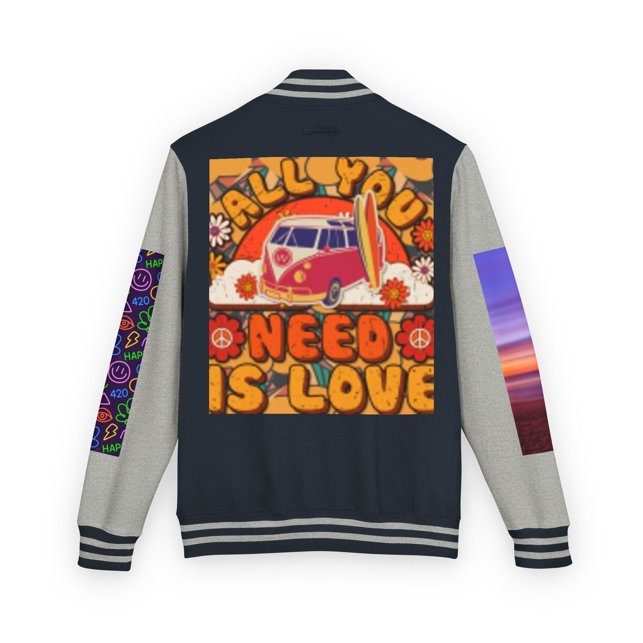 Letterman Jacket — Retro 'All You Need Is Love' Hippie Van & Cannabis Leaf Design