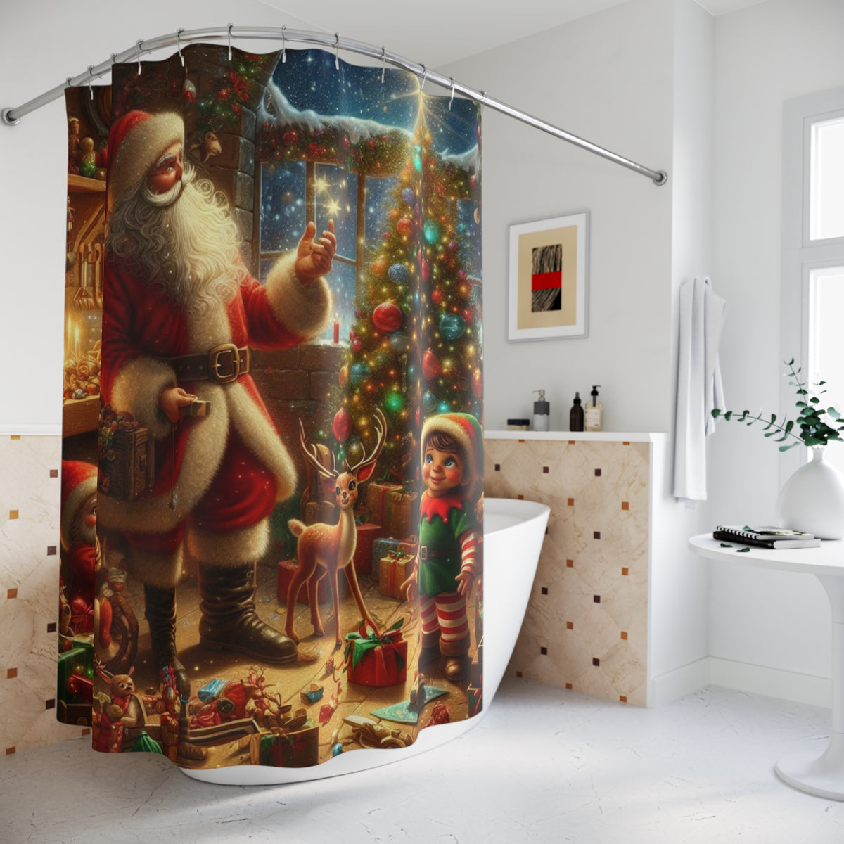Christmas Santa & Kids Shower Curtain — Festive Holiday Bathroom Decor