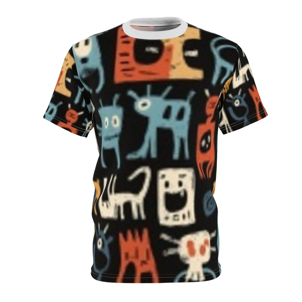 All-Over Print Cute Doodle Cats Tee — Colorful Playful Cat Pattern Shirt