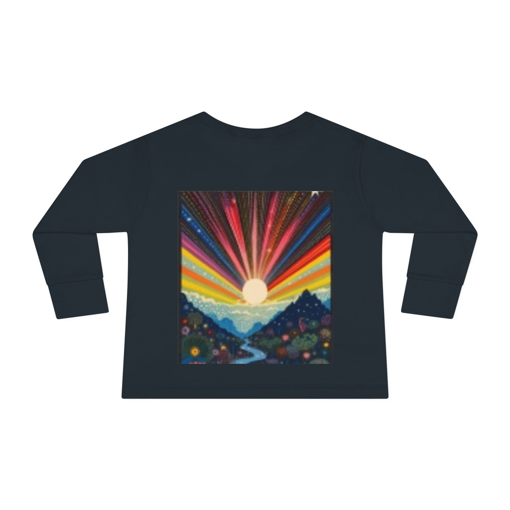 Toddler Long Sleeve Tee — Playful Robot & Colorful Sunrise Graphic Shirt