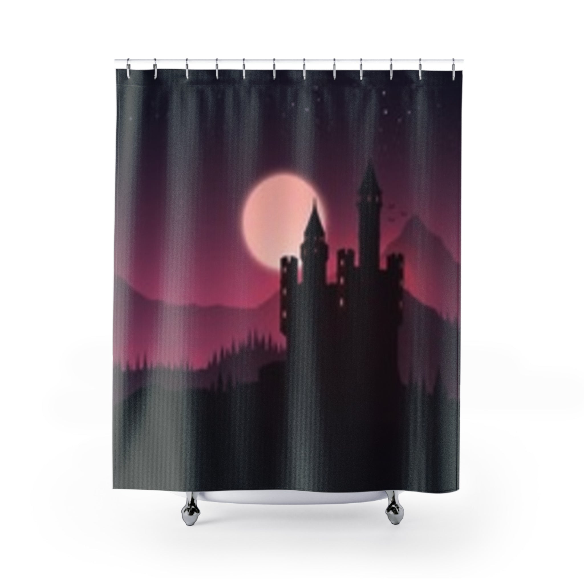 Gothic Castle Moon Shower Curtain — Moody Dark Fantasy Bathroom Decor