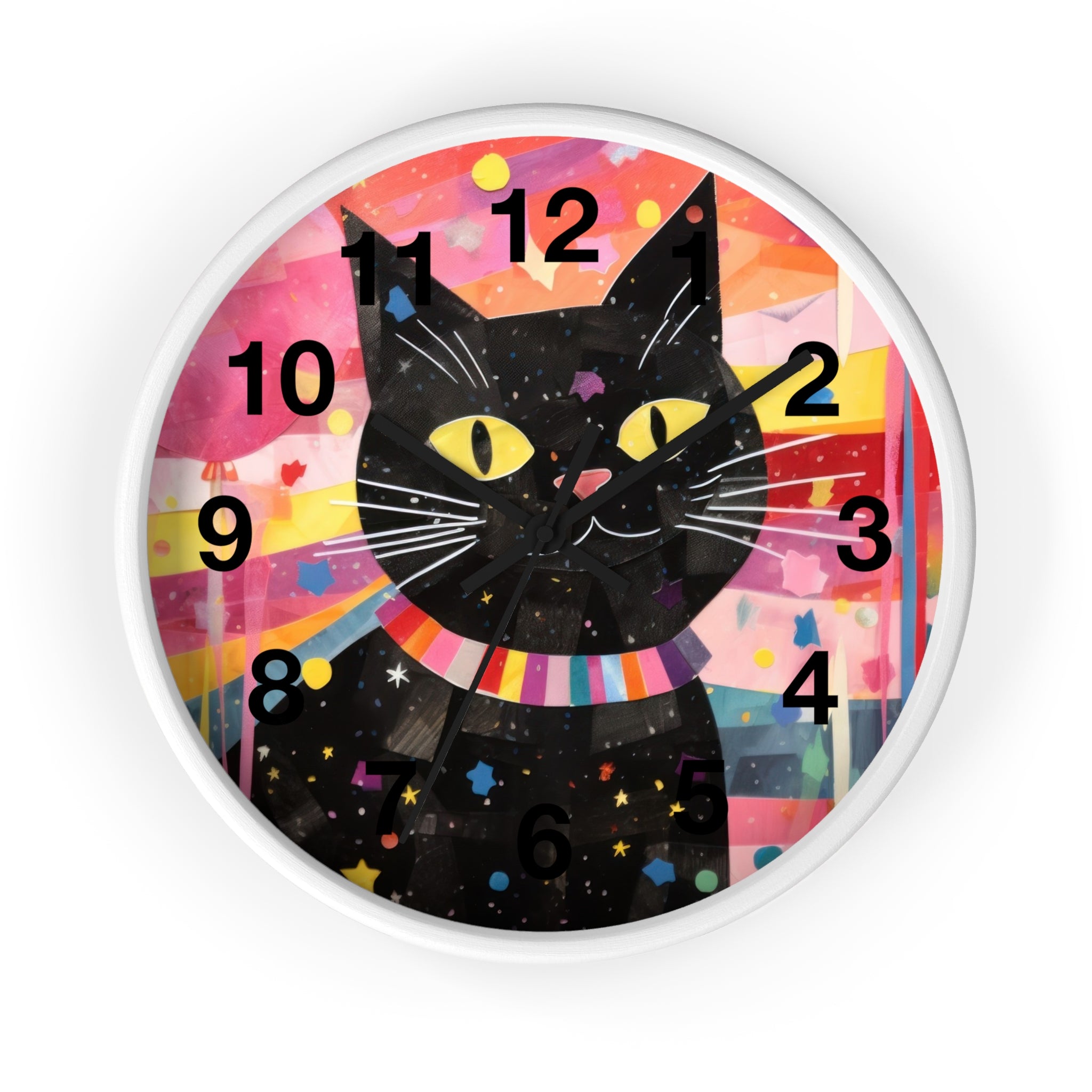 Black Cat Wall Clock — Colorful Retro Cat Clock with Yellow Eyes