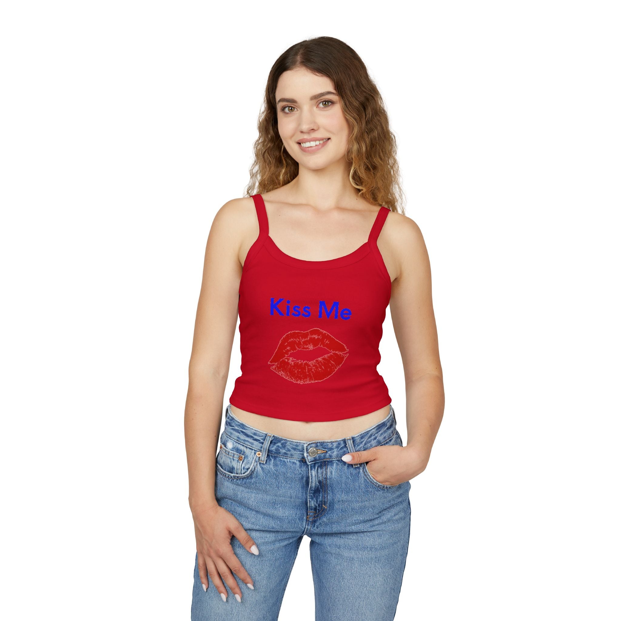 Kiss Me Lip Print Tank Top — Women's Spaghetti Strap Crop