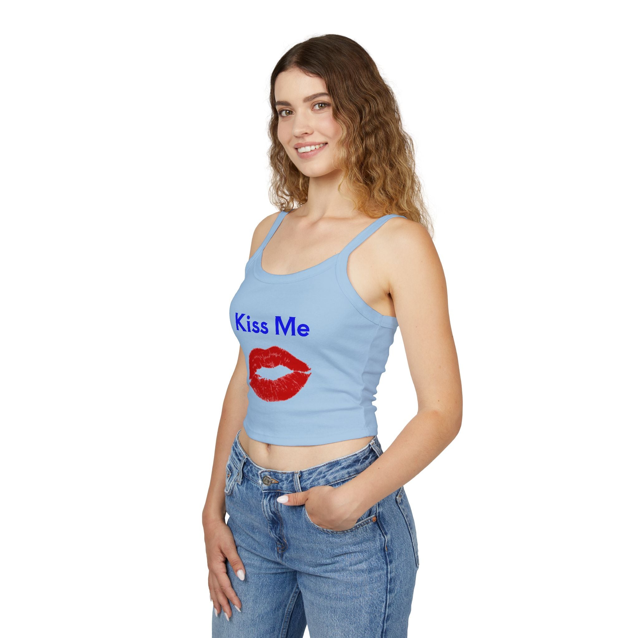 Kiss Me Lip Print Tank Top — Women's Spaghetti Strap Crop