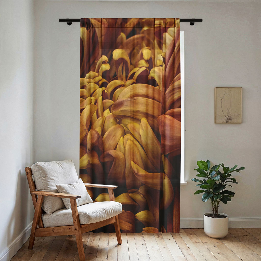 Chrysanthemum Bloom Sheer Curtain — Golden Floral Window Panel